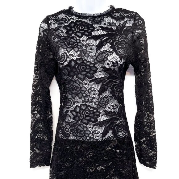 Sheer Black Floral Lace High Neck Long Sleeve Tunic Top Shirt Bodycon Fitted - Picture 4 of 9
